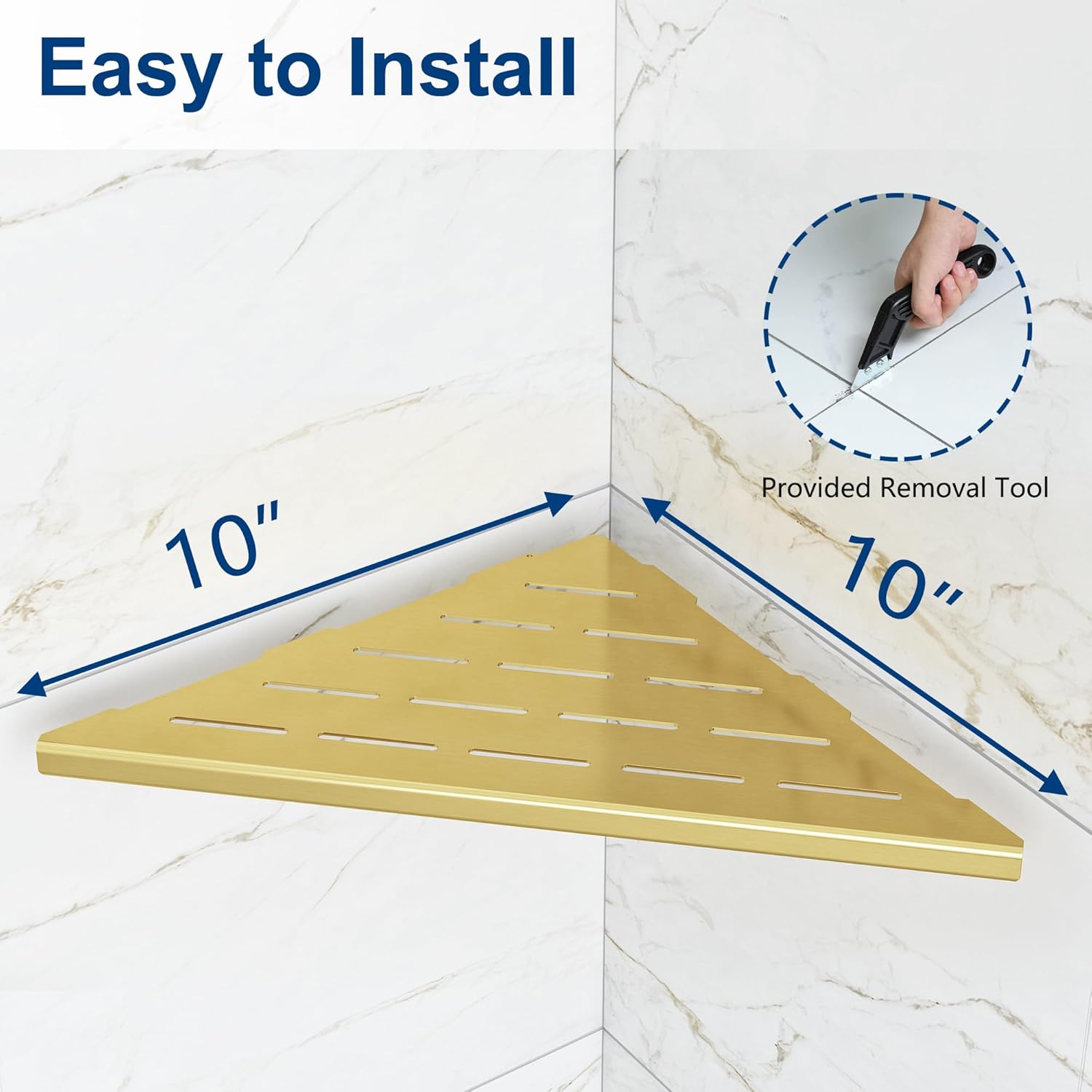 Corner Shower Shelves, 10” Recessed Tile Shower Shelf, 304 Stainless Steel Grout in Corner Tile Shower Shelves, No Drilling, Brushed Golden, 2 Pack