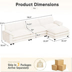 Furniwell 119" Modular Couch 3-Seat Sofa with Reversible Ottoman, Cloud Couch L Shaped Sofa with Deep Seat, Chenille Sectional Couches for Living Room