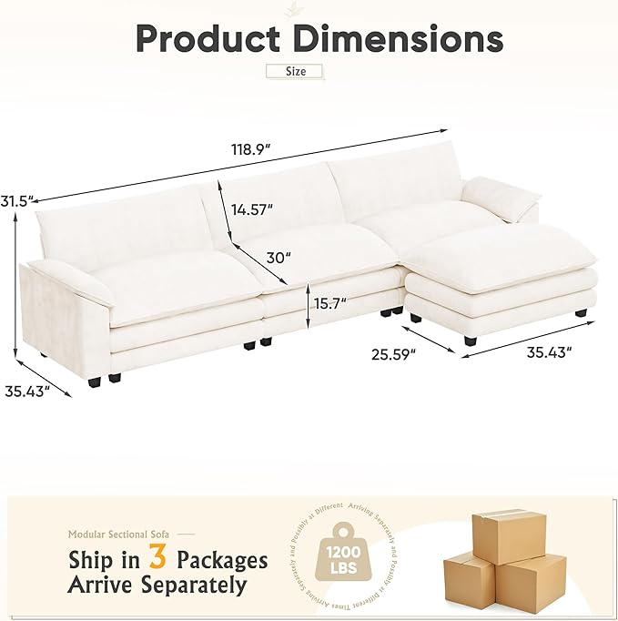 Furniwell 119" Modular Couch 3-Seat Sofa with Reversible Ottoman, Cloud Couch L Shaped Sofa with Deep Seat, Chenille Sectional Couches for Living Room