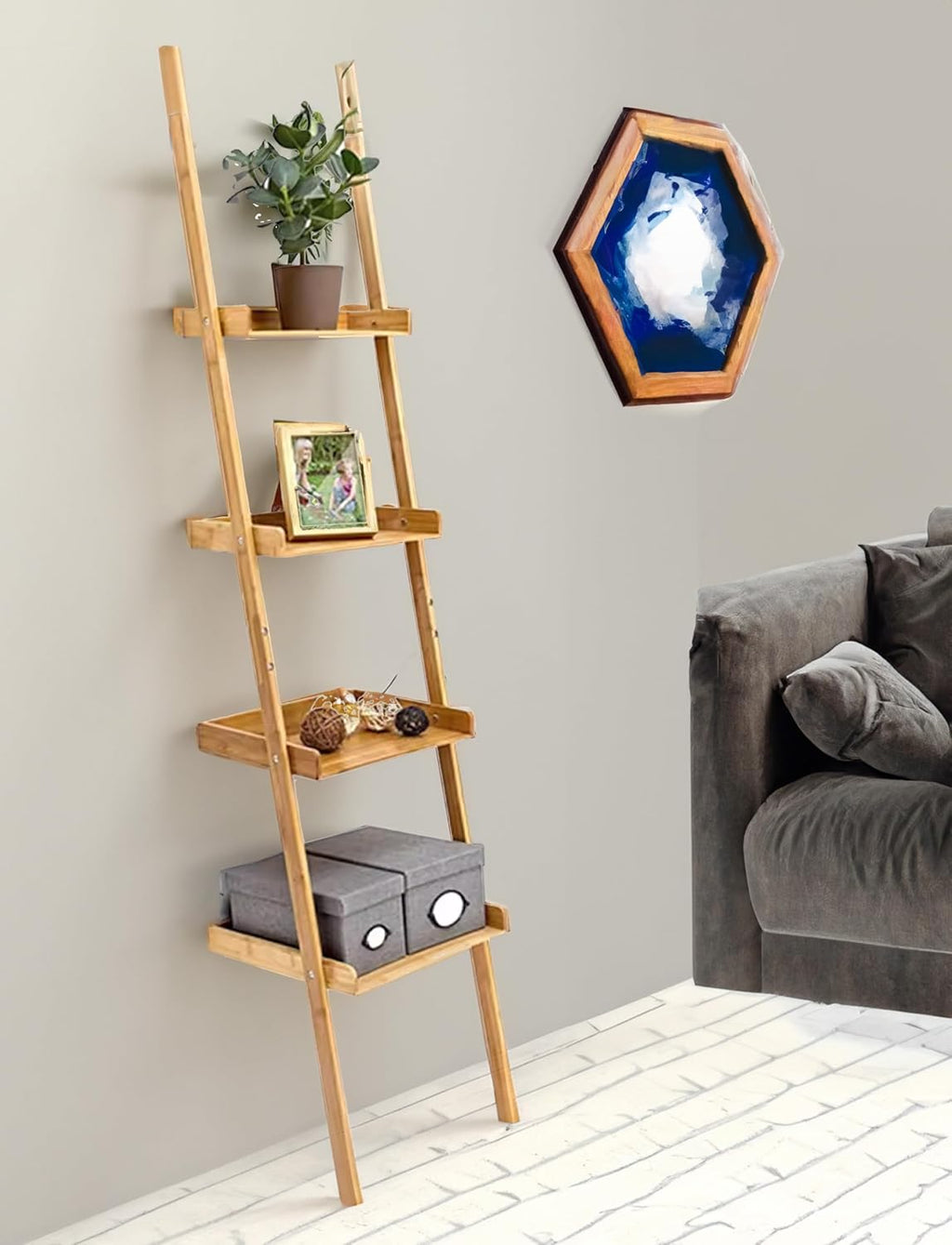 RoyalHouse Bamboo 4-Tier Ladder Shelf, Free Standing Storage Shelves, Plants Stand Display Shelf, Perfect Multi-Functional Book Shelf and Storage Rack for Living Room, Bedroom, Office