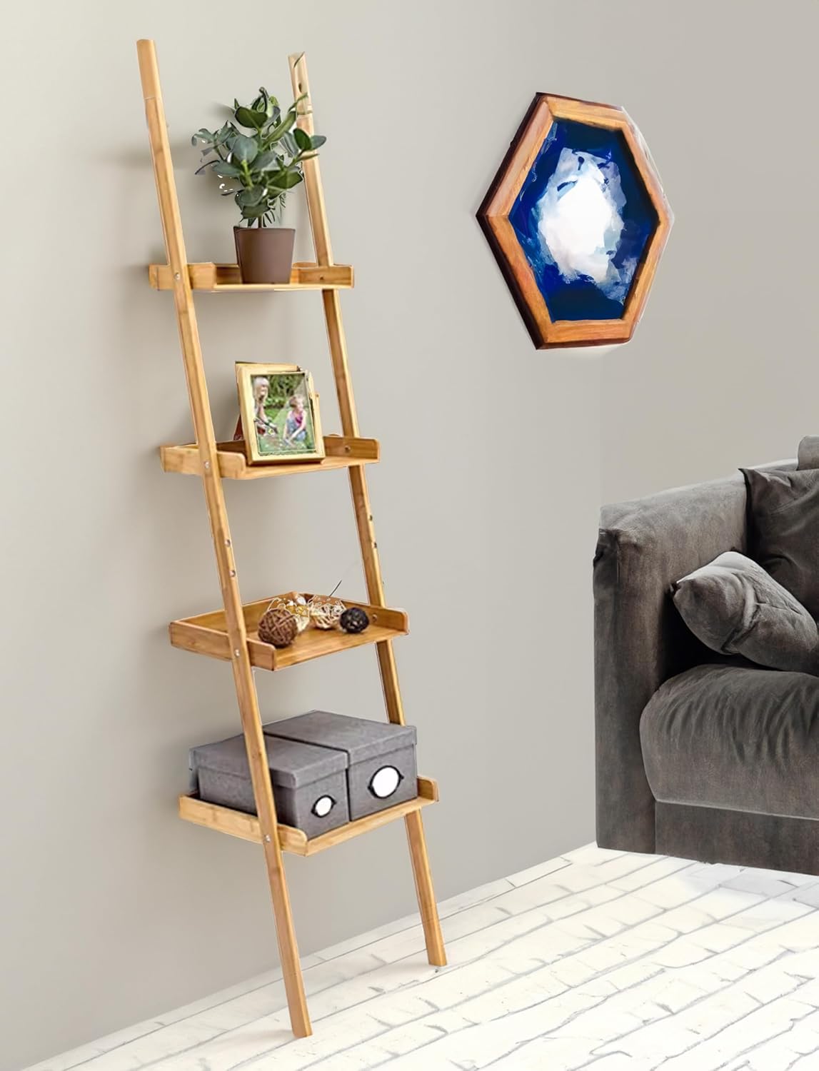 RoyalHouse Bamboo 4-Tier Ladder Shelf, Free Standing Storage Shelves, Plants Stand Display Shelf, Perfect Multi-Functional Book Shelf and Storage Rack for Living Room, Bedroom, Office