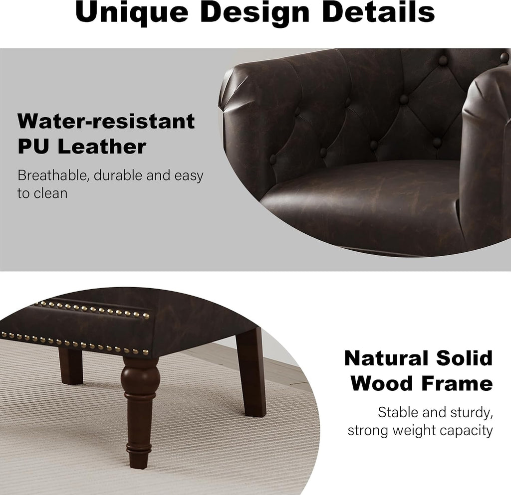 Faux Leather Barrel Accent Chair with Nailhead, Chocolate, Set of 1 | Low-Back Design | Solid Wood Frame & Legs | High-Density Foam Seat | For Living Room, Bedroom, Reception & Office