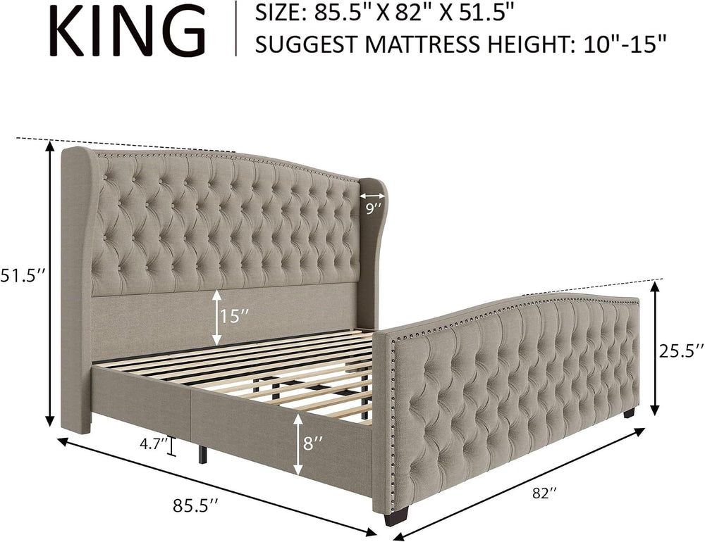 AMERLIFE King Size Bed Frame with Velvet Upholstered Wingback Headboard