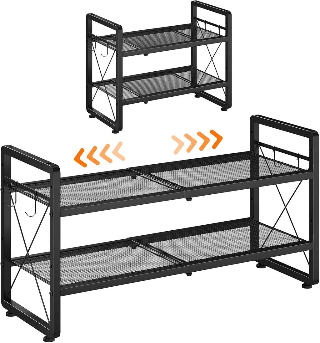 ELYKEN Expandable Shoe Rack for Closet, 2-Tier Metal Black Shoe Organizer | Adjustable Height Shoe Shelf for Boots, Heels, with 4 Hooks, Stackable Shoe Stand Holder for Entryway, Garage, Door Entrance