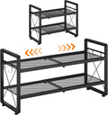ELYKEN Expandable Shoe Rack for Closet, 2-Tier Metal Black Shoe Organizer | Adjustable Height Shoe Shelf for Boots, Heels, with 4 Hooks, Stackable Shoe Stand Holder for Entryway, Garage, Door Entrance