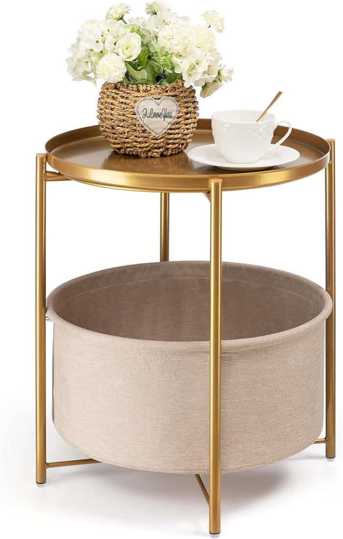 danpinera Gold Side Table with Basket, Small Round Table for Living Room