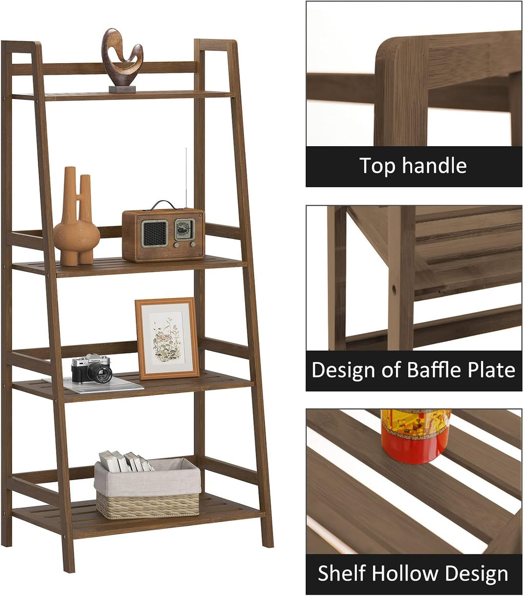 sogesfurniture, 4-Tier Bamboo Ladder Shelf, Rustic Style, Bookshelf Storage Rack, 18.9x11.8x46.5 inches, Brown
