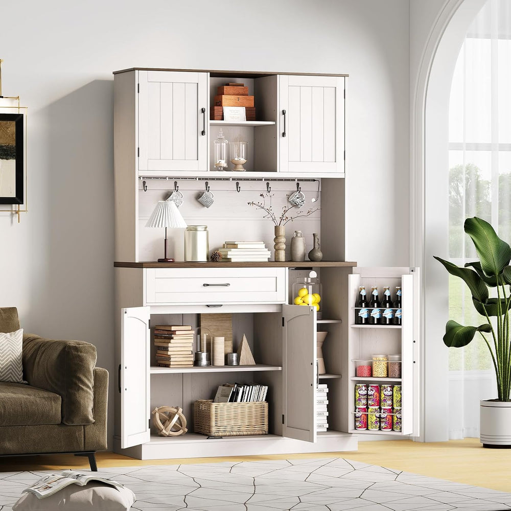 ONBRILL 71" Kitchen Pantry Cabinet with LED Light/Outlet, Off White+Waln...