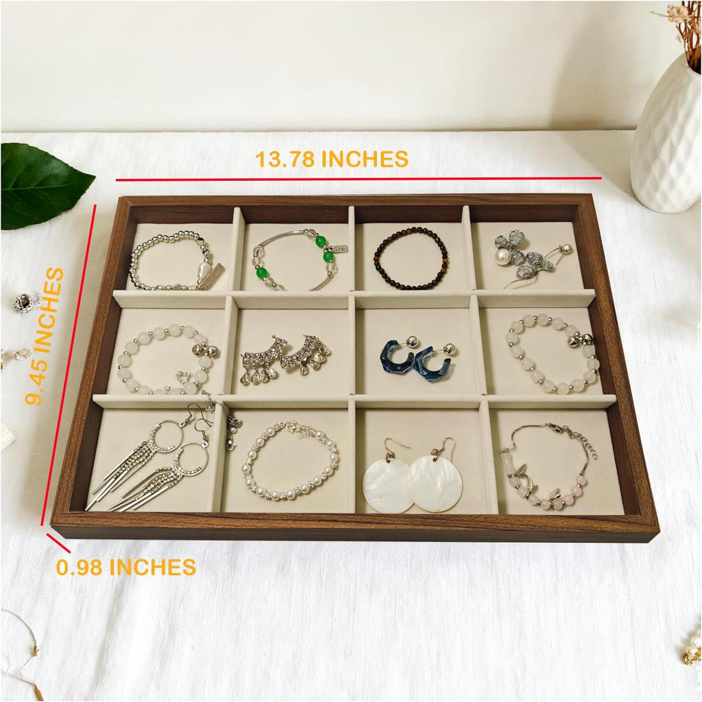 Large Jewelry Trays for Drawers Stackable Velvet Jewelry Display for Vendors Jewelry Drawer Organizer Inserts for Rings Necklace Bracelets Earrings and Studs Earring (Beige, 12 Grid)