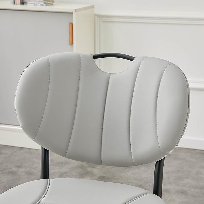 Modern Dining Chairs Set of 2, Grey Leather Dining Chairs for Dining Room and Kitchen, Dinning Chair with Oval Curved Backrest, Precision Stitching, Top Handle, 3.54" Thick Cushion Seat, Metal Legs