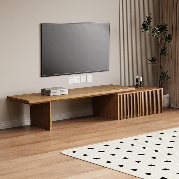 XEW Extendable TV Stand with Storage and Shelves, Wood Entertainment Center for 55+ Inch TV, Modern TV Console, Minimalist Media Console for Living Room, Bedroom-Wood (Extendable: 78.7"-110")
