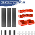 WALMANN Wall Mounted Storage Bins for Small Parts, 10 Bins with 3 Metal Rails, Plastic Bins for Screws, Bolts, Nuts, Craft Room, Workshop, and Garage Wall Storage Bins(Orange-red)