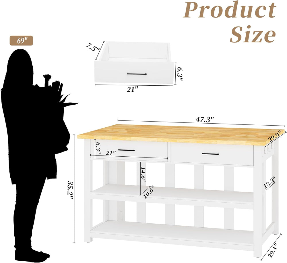 Kitchen Island with Storage for Kitchen Dining Room (White) | Charging outlet...