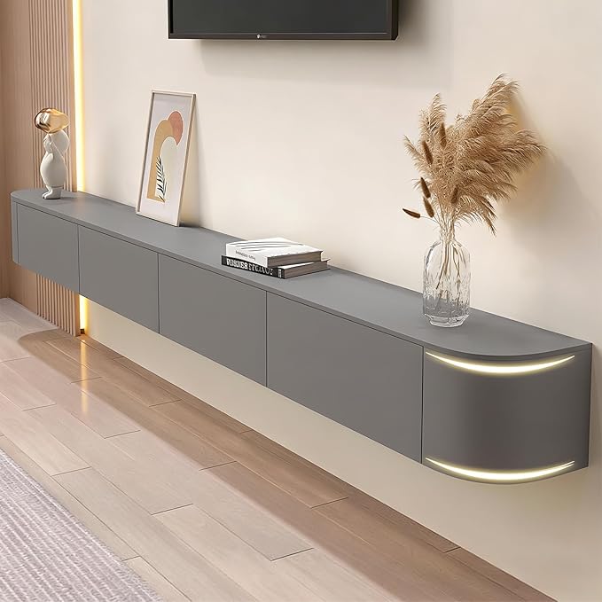 110.2" Floating TV Stand Fully Assembled, Wall Mounted Entertainment Center Media Console Cabinet with Curved Edge, Floating TV Console Table with Storage Drawers & Door, for Living Room TVs