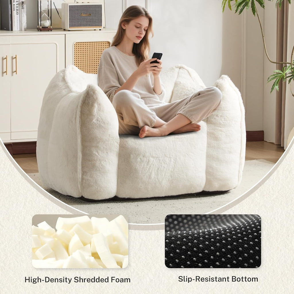 Giant Bean Bag Chair, Comfy Large Bean Bag Chairs for Adults and Kids, Fluffy Faux Rabbit Fur Floor Sofa for Living Room Bedroom Apartment, Beige