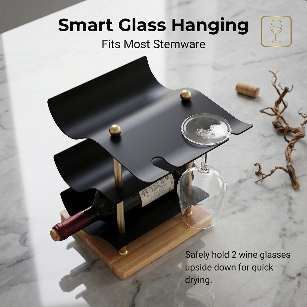 Modern Abstract Wine Rack, Black Metal Wine Holder with Wood Base, 3 Bottle W...