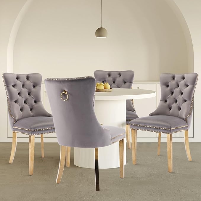 Velvet Upholstered Dining Chairs Set of 4, Modern Style Kitchen Side Chairs with Nailhead Trim and Gold Plated Leg, Metal Pulling Ring for Dining Room Living Room(Gery-Gold Plated Leg)