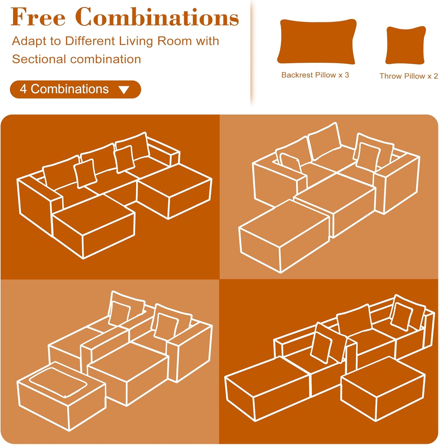 110 Corduroy Modular Sectional Boneless Sofa with 2 Ottomans, Convertible Cloud Couch with Deep Seats, Fluffy Memory Foam U Shaped Couch for Living Room, No Assembly Required (Gray)