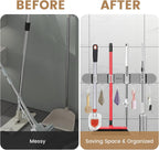 2Pcs Broom Holder Wall Mount, No-Drilling Self-Adhesive Mop and Broom Storage Rack (4 Racks with 5 Hooks),Wall-Mounted Broom Hanger for Bathroom, Kitchen, Closet, Garage, Grey