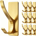 10 Pack Self Adhesive Coat Hooks for Hanging, Heavy Duty Stainless Double Wall Hook for Towel, Backpack, Hat, Sturdy Metal Hanger for Bathroom, Bedroom, Door, Wall Mounted, Brushed Gold