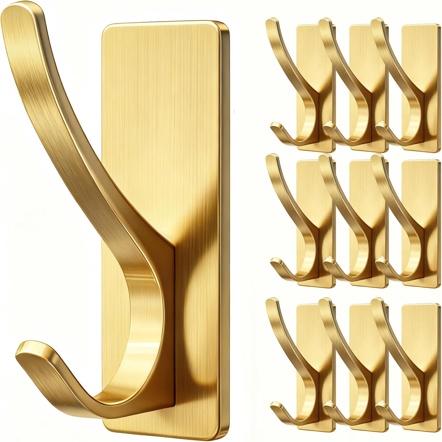 10 Pack Self Adhesive Coat Hooks for Hanging, Heavy Duty Stainless Double Wall Hook for Towel, Backpack, Hat, Sturdy Metal Hanger for Bathroom, Bedroom, Door, Wall Mounted, Brushed Gold