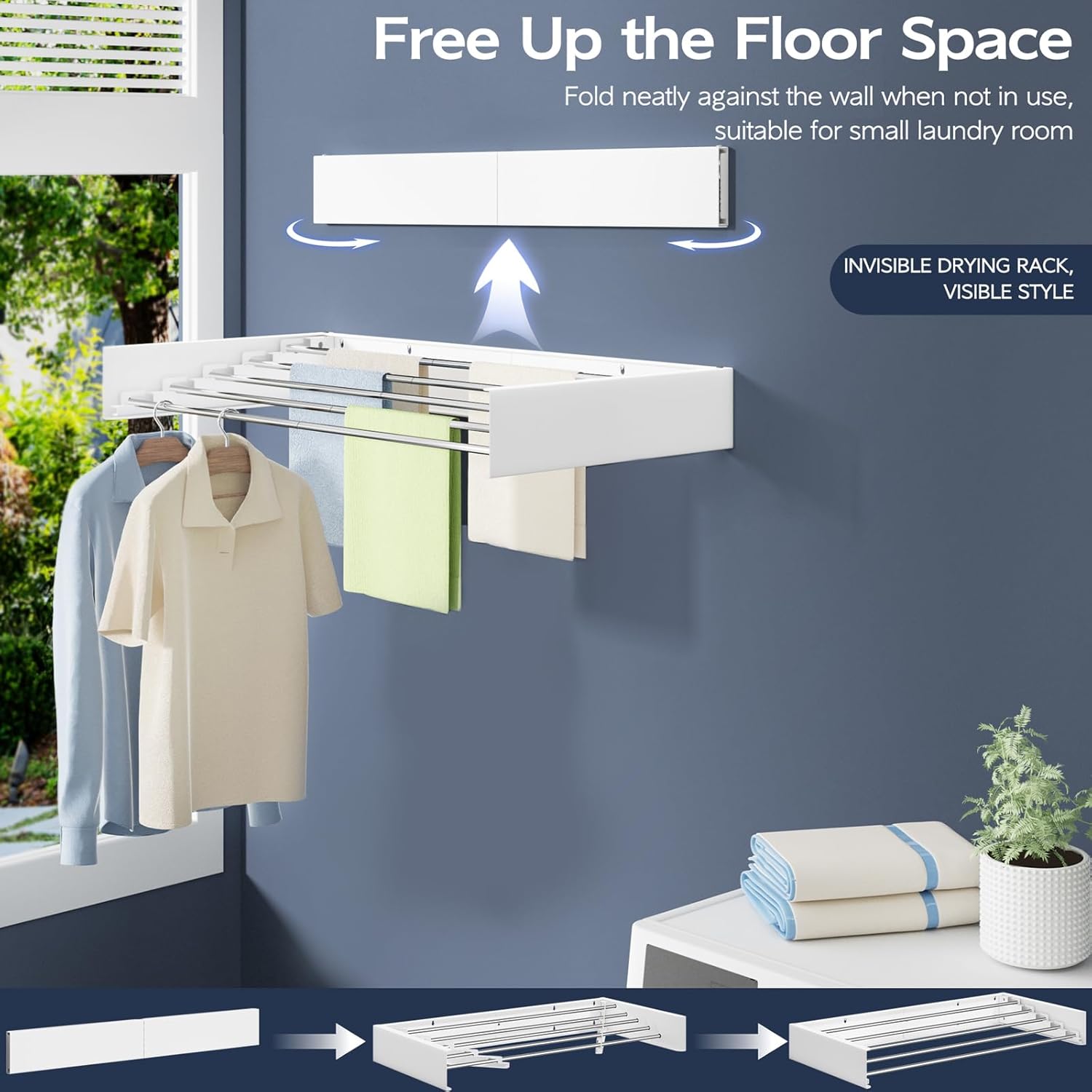Vikaqi Wall Mounted Foldable Clothes Drying Rack, 32-Inch Wide, 5 Stainless Steel Rods, Space-Saving Laundry Drying Rack with Wall Template, White