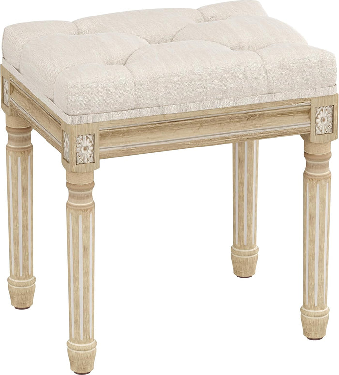 Yusong Vanity Stool Upholstered Bench Seat for Makeup Room, Vintage Small Bedroom Bench Dining Bench with Tufted Fabric for Living Room, Piano Stool with Rustic Wood, Easy Assemble,Beige