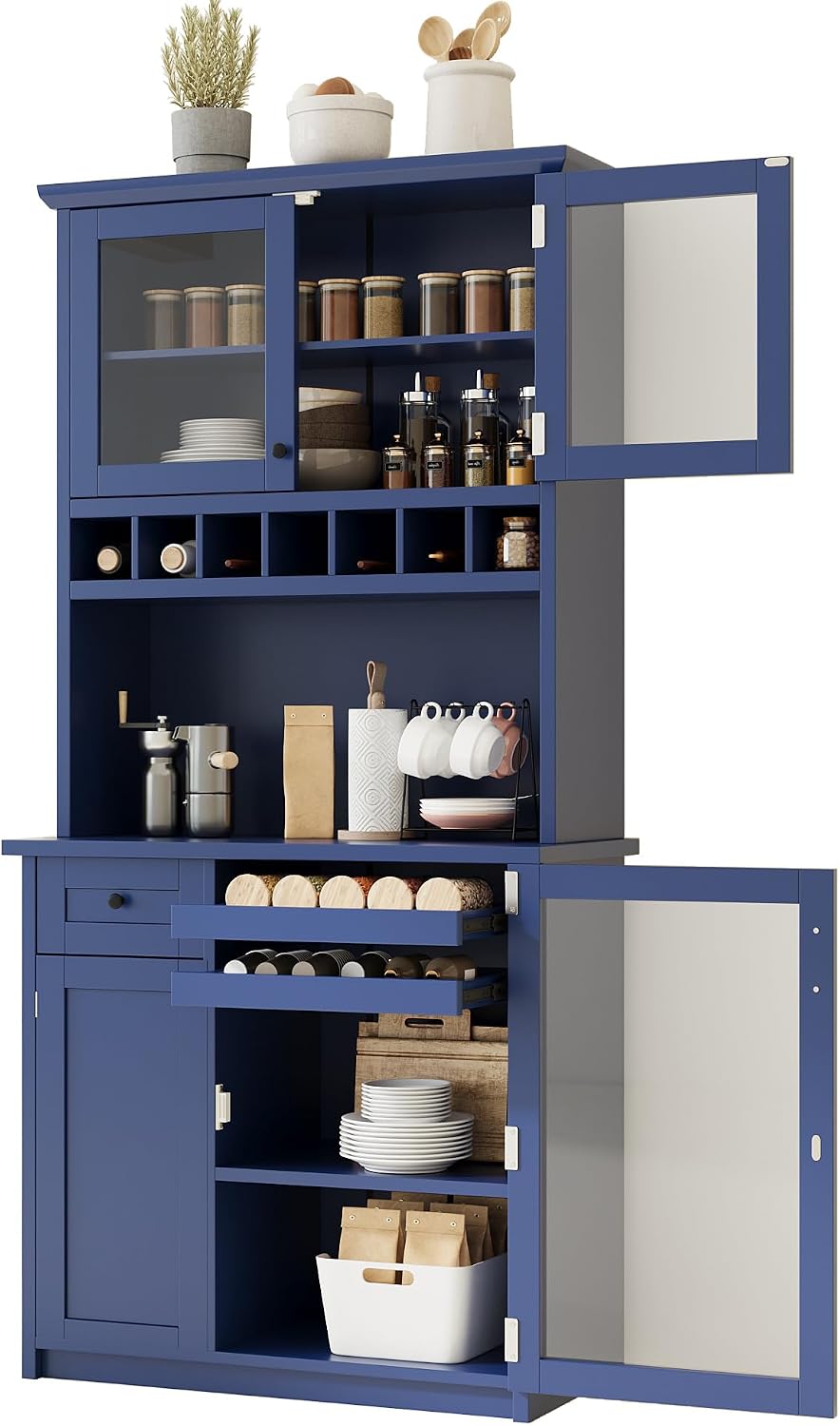 Merax Kitchen Pantry Cabinet, 74”Storage Cabinet with 2 Bottle Trays & 3 ...