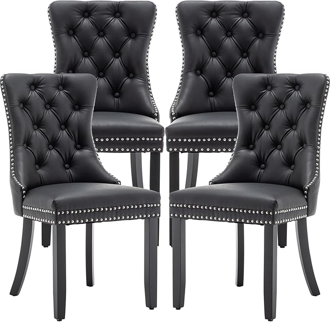 Leather Dining Chairs Set of 4, Upholstered Dining Room Chairs with Nailhead Trim, Sillas de Comedor Modernas 4, Wooden Kitchen Chairs for Dining Room, Living Room, Kitchen, Bedroom, Black