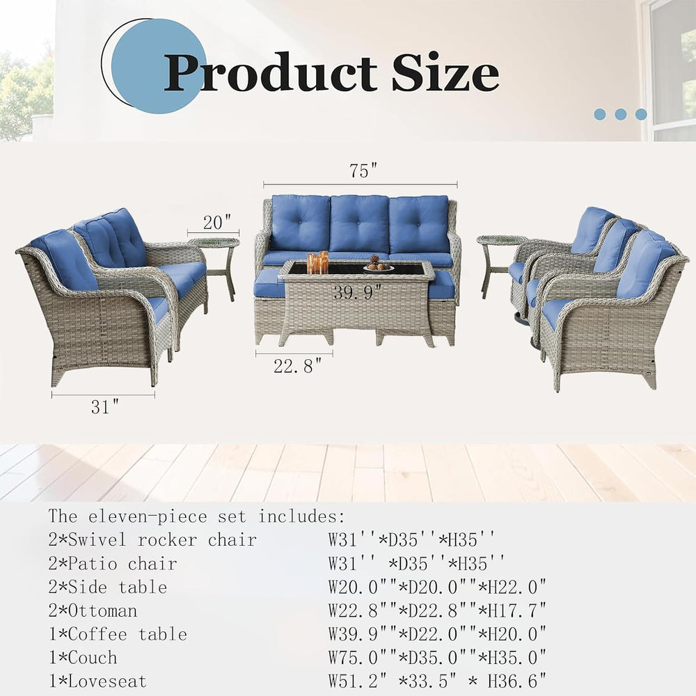 Outdoor Furniture：11 PCS Patio Furniture Set, Outdoor Furniture Set with Swiv...