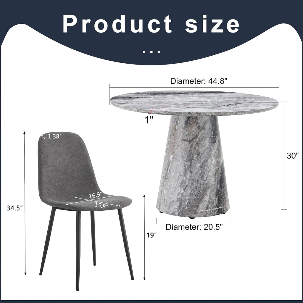 Round Dining Table Set for 6, 45" Modern Faux Marble Kitchen Table and Upholstered Chairs, 7 Piece Circle Dinner Set for Dining Room, Kitchen (Marble Gray Set)