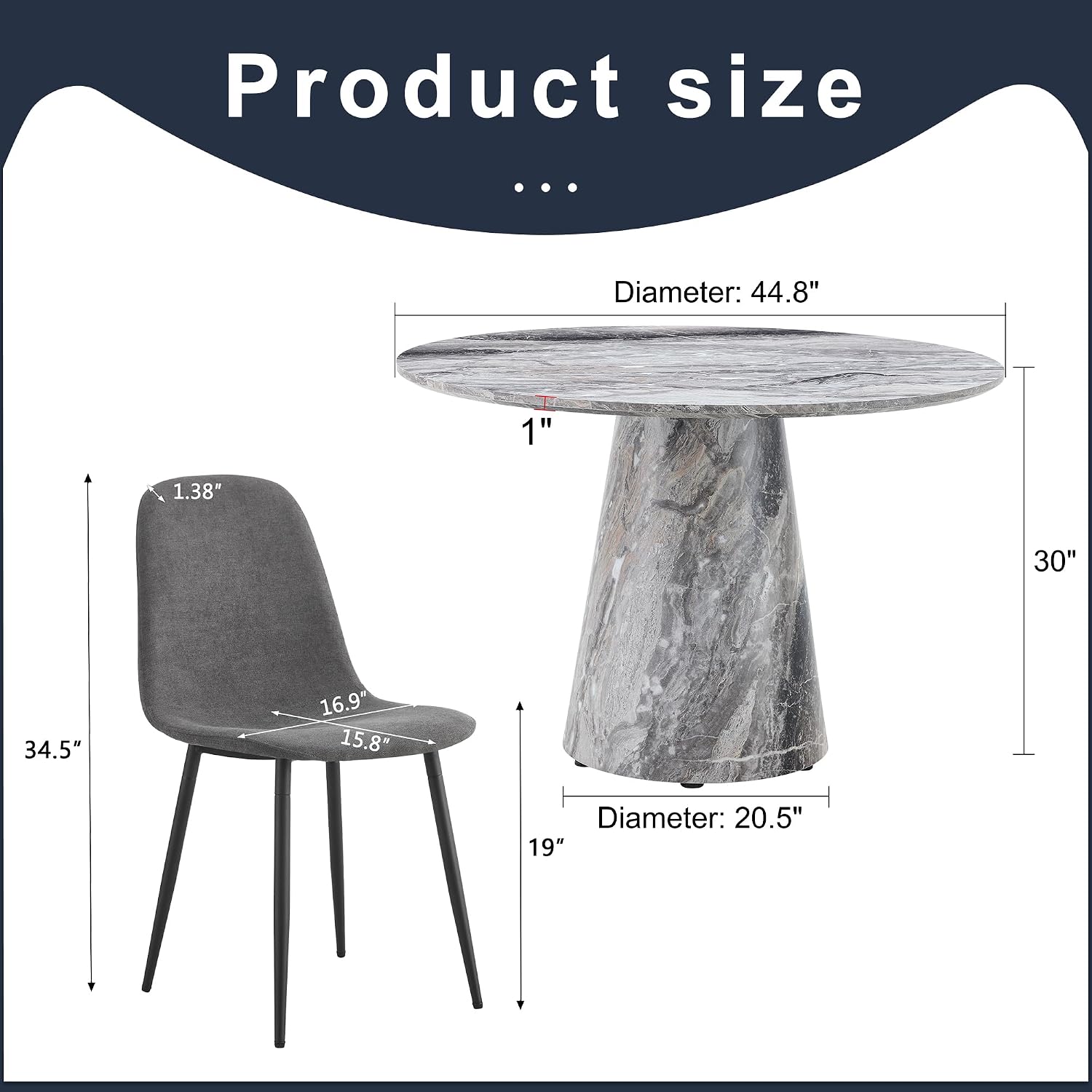 Round Dining Table Set for 6, 45" Modern Faux Marble Kitchen Table and Upholstered Chairs, 7 Piece Circle Dinner Set for Dining Room, Kitchen (Marble Gray Set)