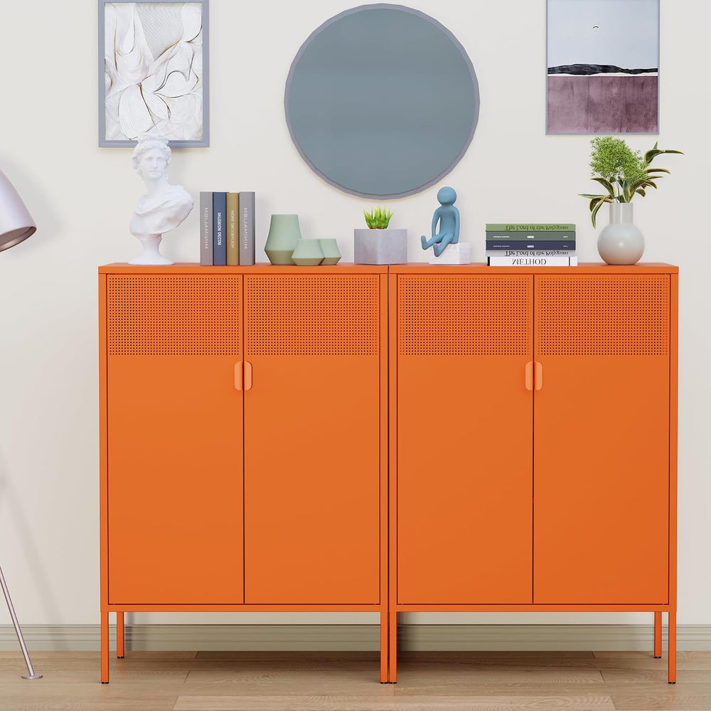 Orange 3 Tier Metal Storage Cabinet with Legs, 2 Door Metal Locker Style Acce...