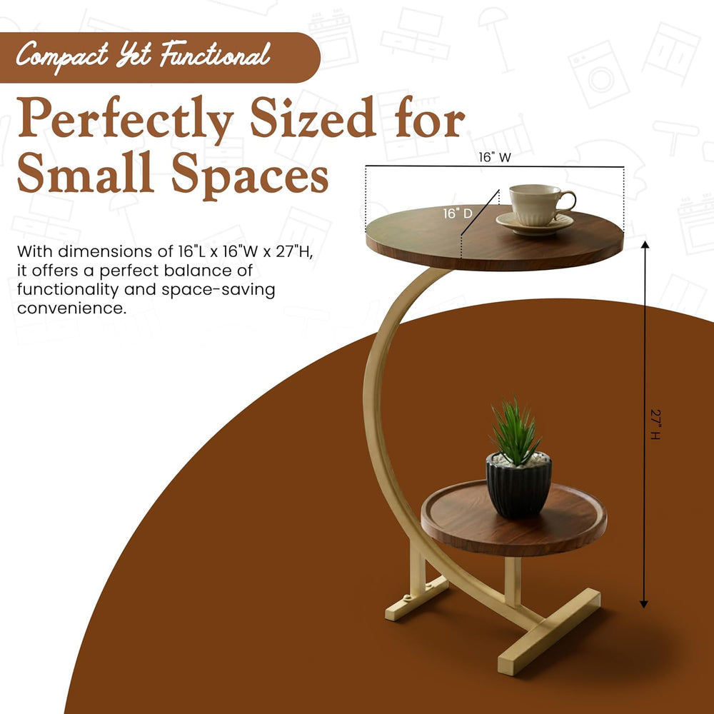 Kings Brand C-Shaped Side Table with 2-Tier Storage Shelf – Modern Round Wood...