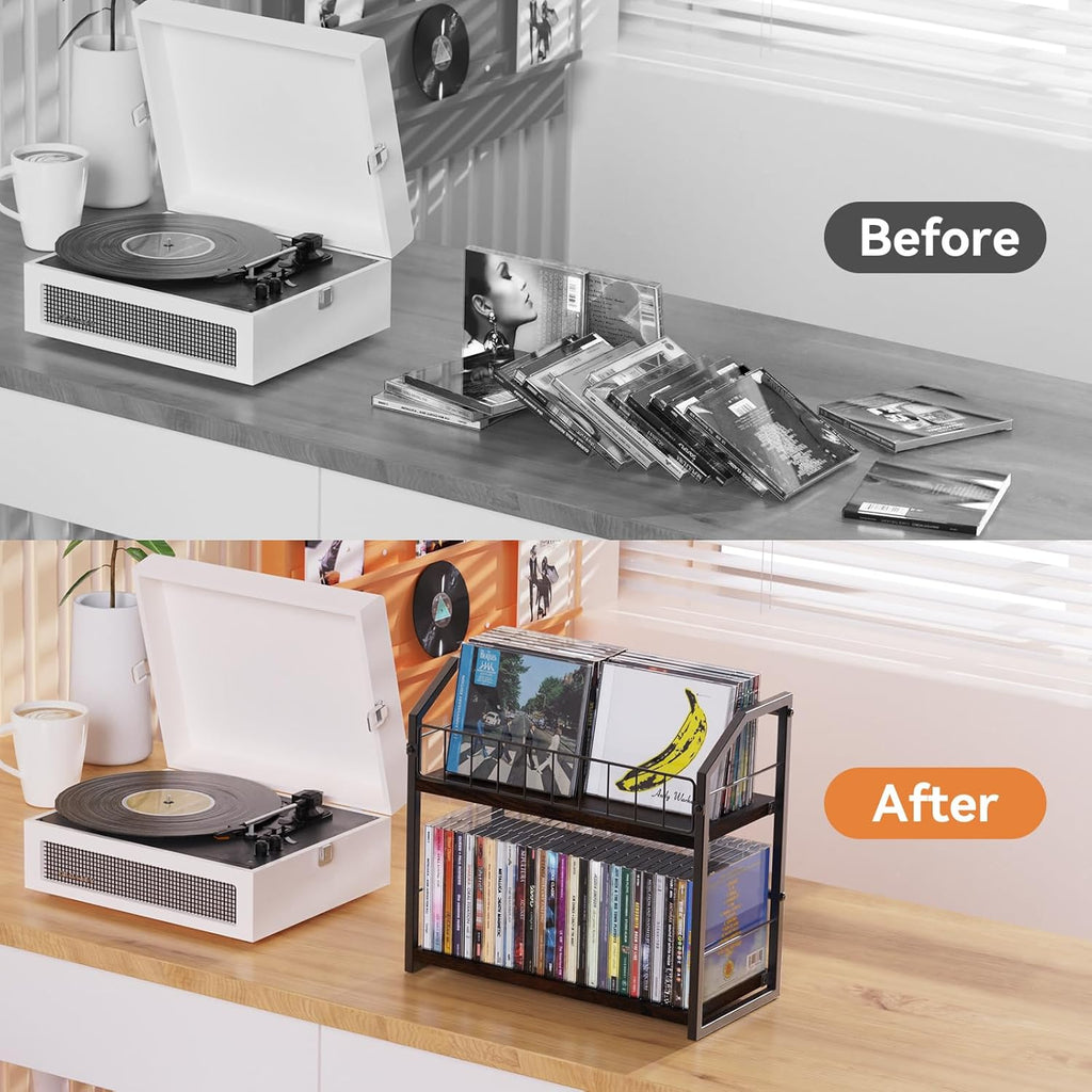 2-Tier CD Holder, Clear CD Storage Rack for Non-slip Feets, CD Organizer with Dispay Top Shelf, Premium CD shelf for Home Office, Holds Up to 60 Standard Rectangular Jewel Cases (Brown)