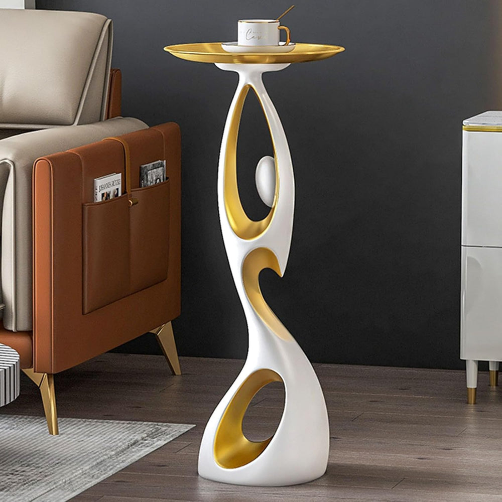 Modern Side Table with Metal Top,Resin End Table with Art Base,Round Bedside ...