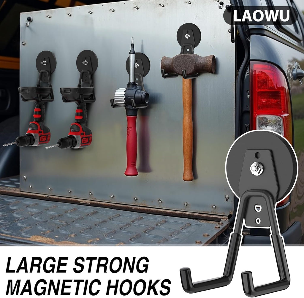 8 Pack Heavy Duty Storage Magnetic Utility Hooks Large Garage Strong Extra Magnet Hooks Hanger with Anti-Slip Coating Heavy Duty Magnetic Hooks for Hanging Power Dril Garage Garden Tools Black