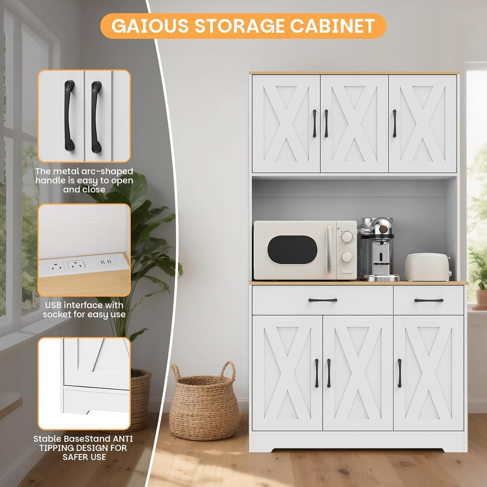42" Tall Kitchen Pantry Storage Cabinet with Microwave Stand, with Charg...