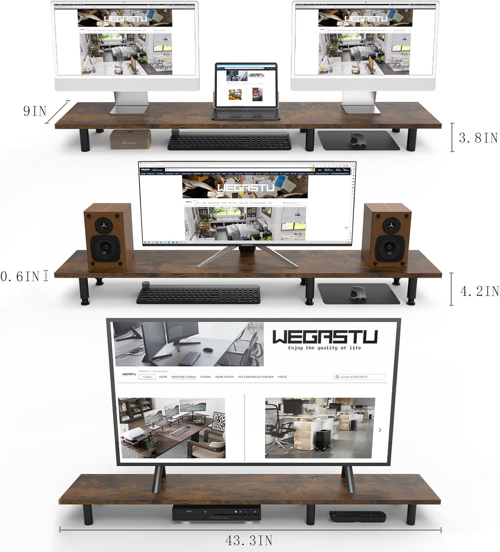 Large Dual Monitor Stand Riser 43.3IN，Vintage Home Office Storage For Desk Accessories，Solid Wod Desk With Adjustable Legs For computer/PC/Laptop/Printer/Container/dressing table