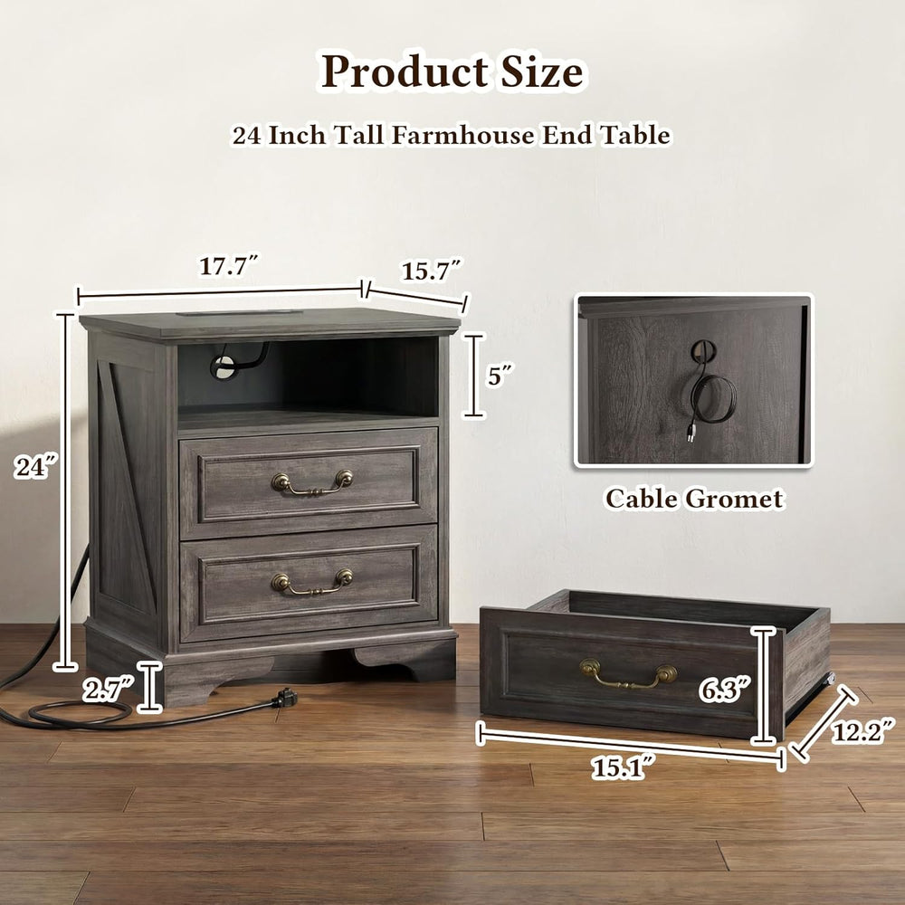 Farmhouse End Table Set of 2, Rustic Wood Nightstand with Charging Station, 2...
