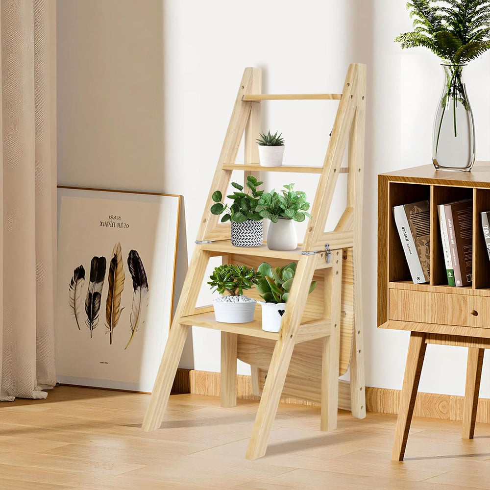 Library Ladder 4 Tier Folding Step Stool Chair 3-in-1 Multi-Functional Wood S...