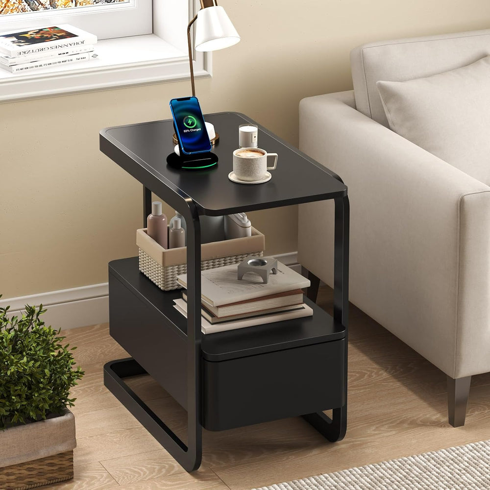 23.6" Tall Narrow Side Table with Drawer and Open Shelf – Modern End Tab...