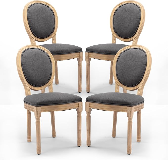 Upholstered Dining Chairs Set of 4 French Country Oval Fabric Back Kitchen Side Chair with Wood Legs for Dining Room, Kitchen, Restaurant(Dark Grey-Fabric)