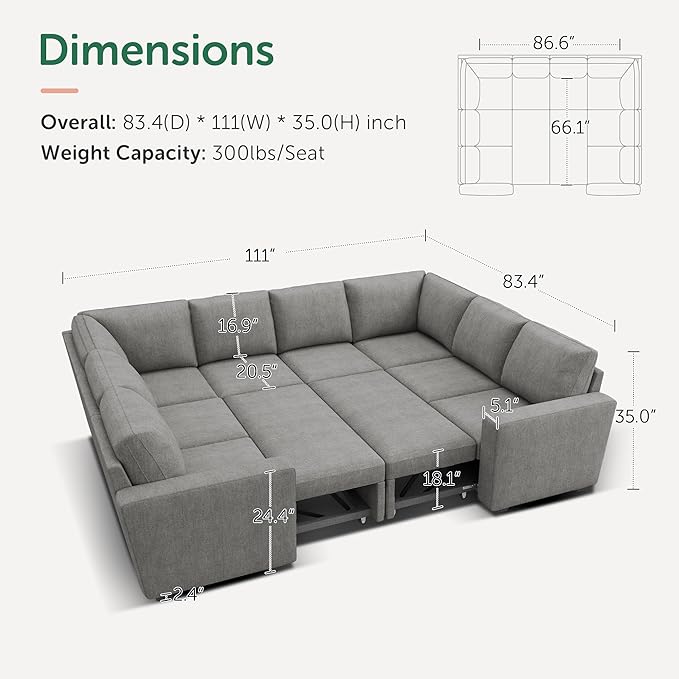 HONBAY Modular Sectional Couch with Pull Out Bed, Chenille Sleeper Sofa with Storage Seats, U Shaped Sectional Couches for Living Room, Warm Grey