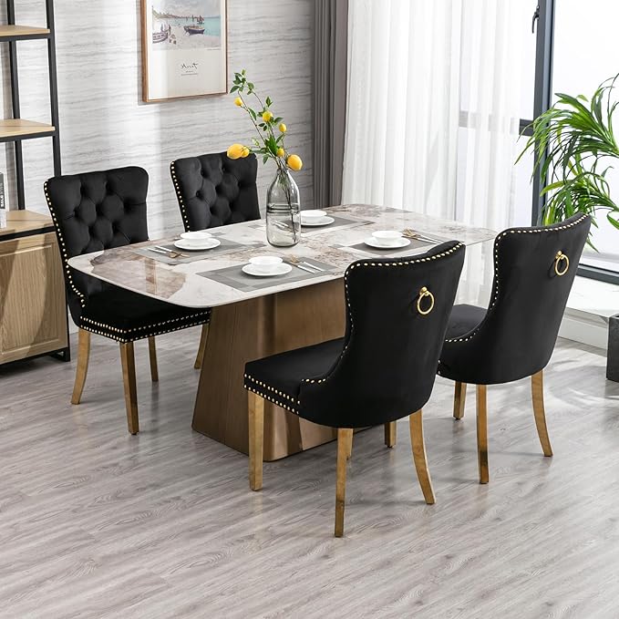 Mid Century Modern Dining Chairs Set of 8, Velvet Upholstered Tufted Back, Black Kitchen & Dining Room Chairs, Gold Metal Legs, Nailhead Trim, Sillas para Comedor (Black, 8 Pcs)