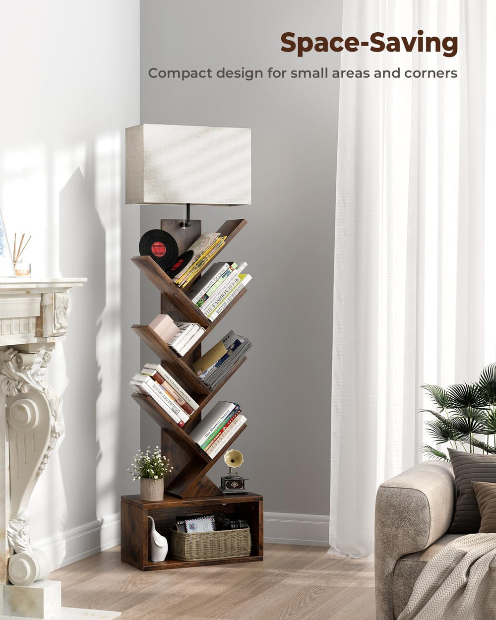 Evermagin 6 Tier Tree Bookshelf with Light, Bookcase, Rustic Brown | Narrow T...