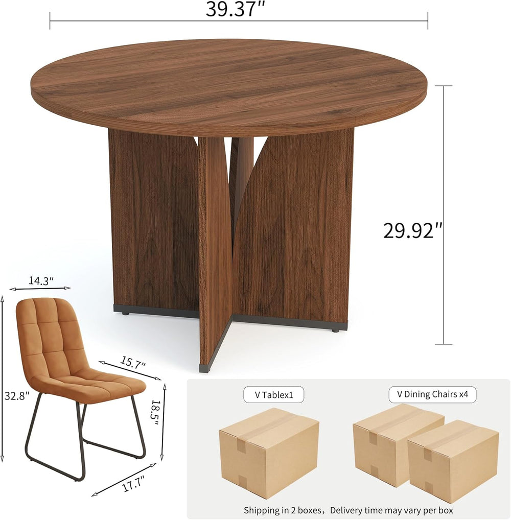 HIPIHOM Modern Round Dining Table Set for 4, 39.4" Walnut Kitchen Table ...