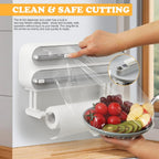 Magnetic Plastic Wrap Dispenser with Cutter - Refillable Aluminum Tin Foil and Plastic Wrap Organizer for Kitchen, Quasziwa Upgraded 3 in 1 Paper Towel Holder Wall Mount - Fits 12" Roll, White