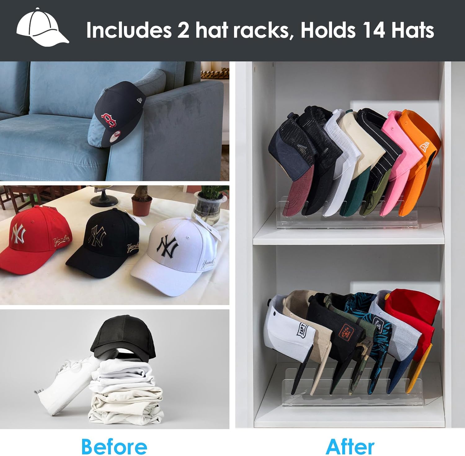 Forzacx Hat Stand for Baseball Caps Display and Organizer 2 Pack, Holds 14 Baseball Caps, Space-Efficient, No Installation Required, Stylish Decor Piece for Closet, Bedroom, Dresser (Clear)