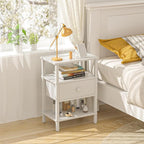 Lerliuo Nightstand with Charging Station and USB Ports, 3-Tier Storage End Table with Drawer Shelf, Night Stand for Small Spaces, Wood Bedside Table for Living Room, Bedroom - Elegant White